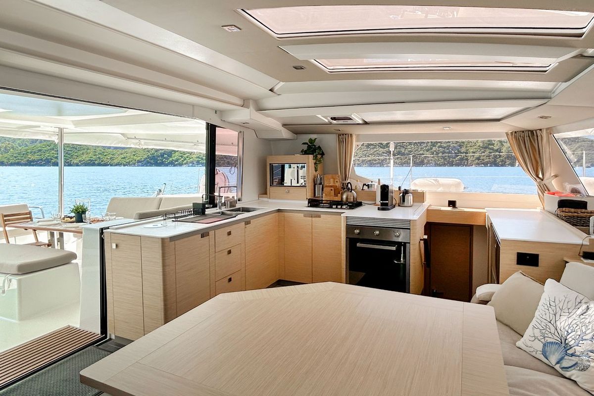 Salon of Angara, a Fountaine Pajot Tanna 47 catamaran at Marmaris, Turkey