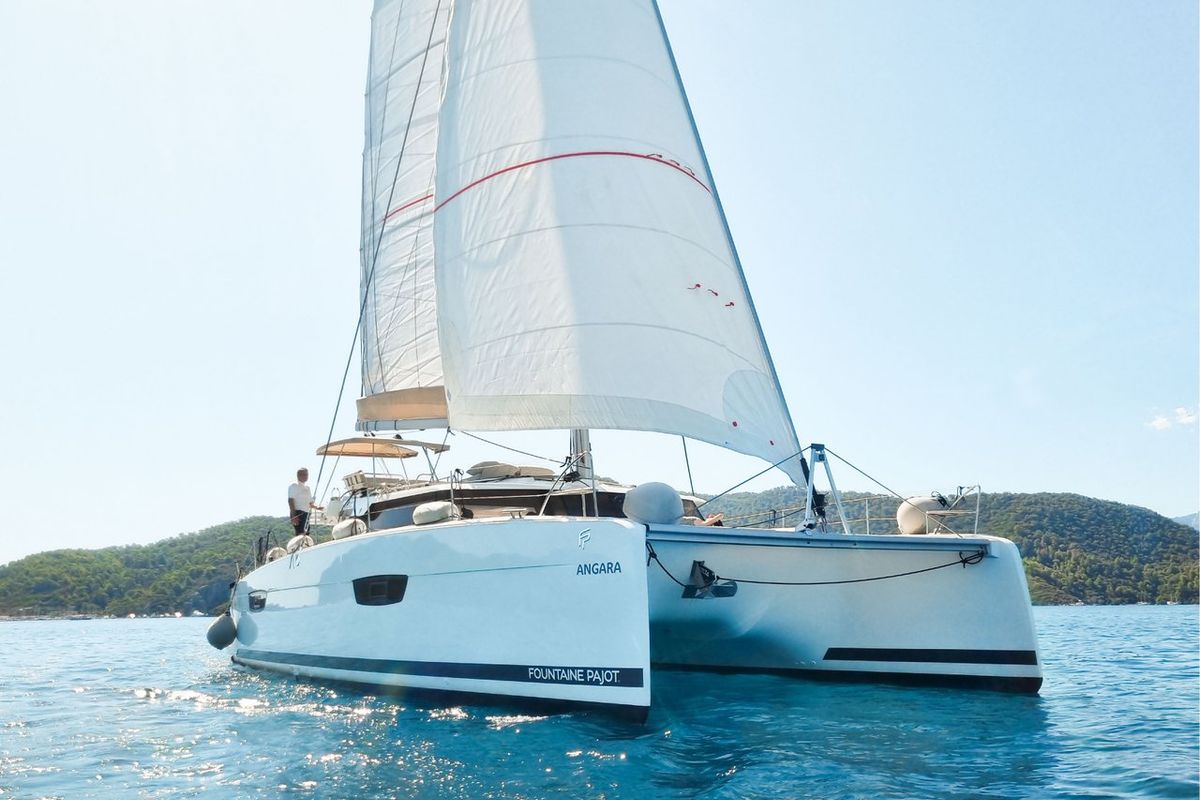 Exterior view of Angara, a Fountaine Pajot Tanna 47 catamaran at Marmaris, Turkey