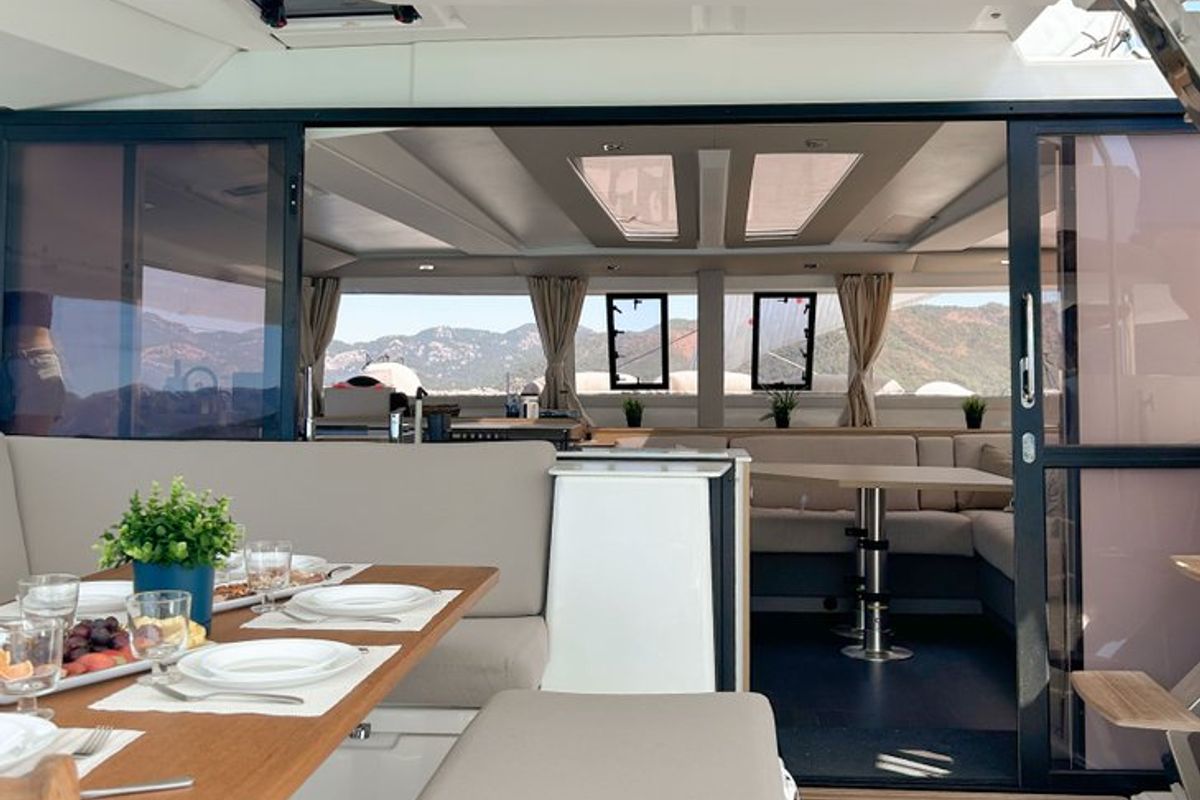Deck of Angara, a Fountaine Pajot Tanna 47 catamaran at Marmaris, Turkey