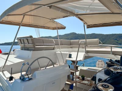 Cockpit of Angara, a Fountaine Pajot Tanna 47 catamaran at Marmaris, Turkey