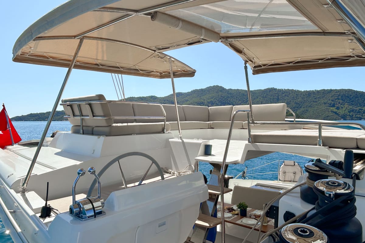 Cockpit of Angara, a Fountaine Pajot Tanna 47 catamaran at Marmaris, Turkey