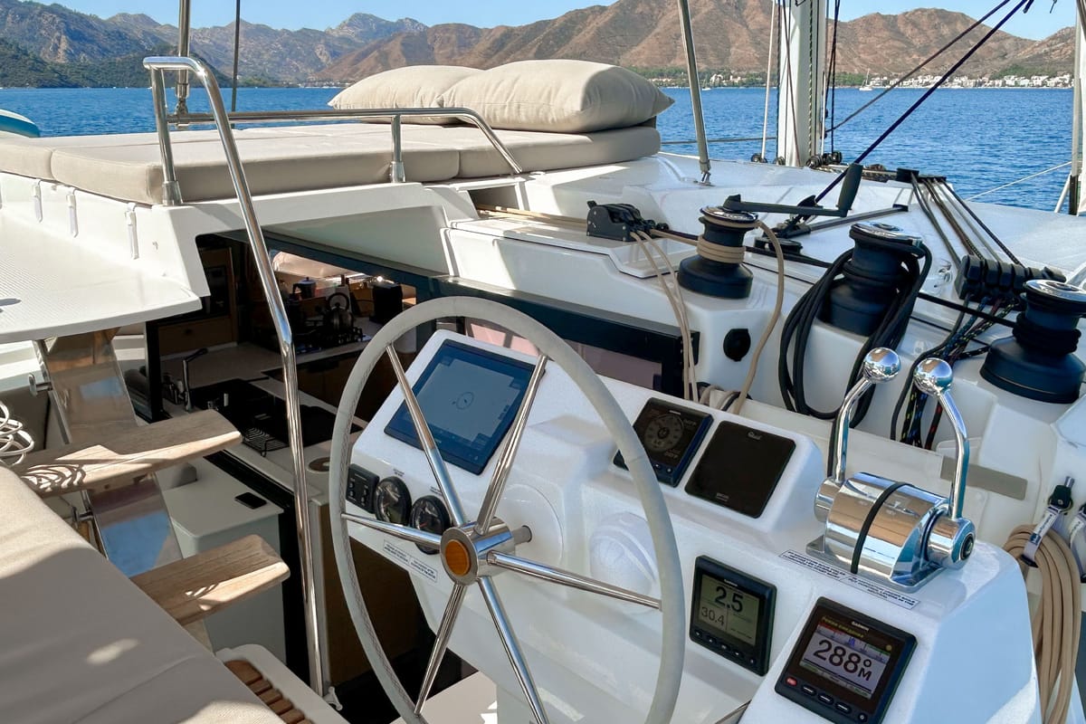 Cockpit of Angara, a Fountaine Pajot Tanna 47 catamaran at Marmaris, Turkey