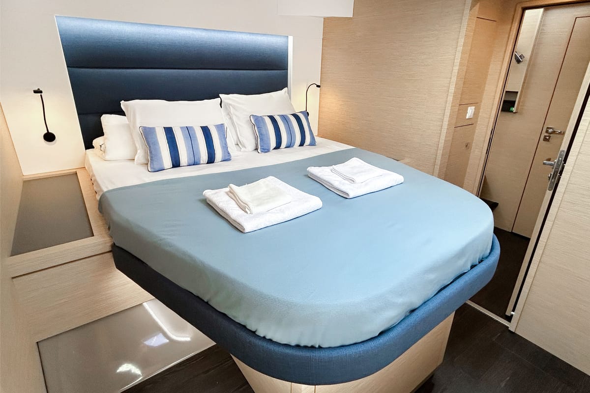 Cabin on Angara, a Fountaine Pajot Tanna 47 catamaran at Marmaris, Turkey