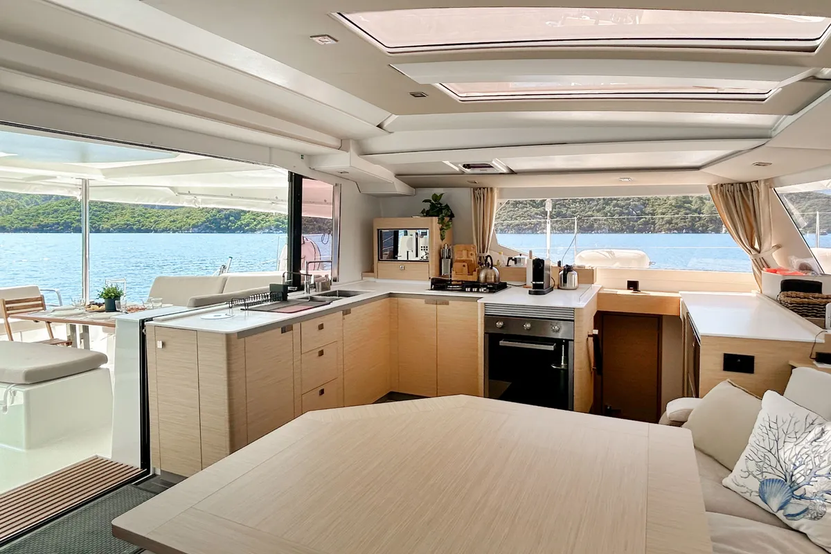 Galley of Angara, a Fountaine Pajot Tanna 47 catamaran at Marmaris, Turkey