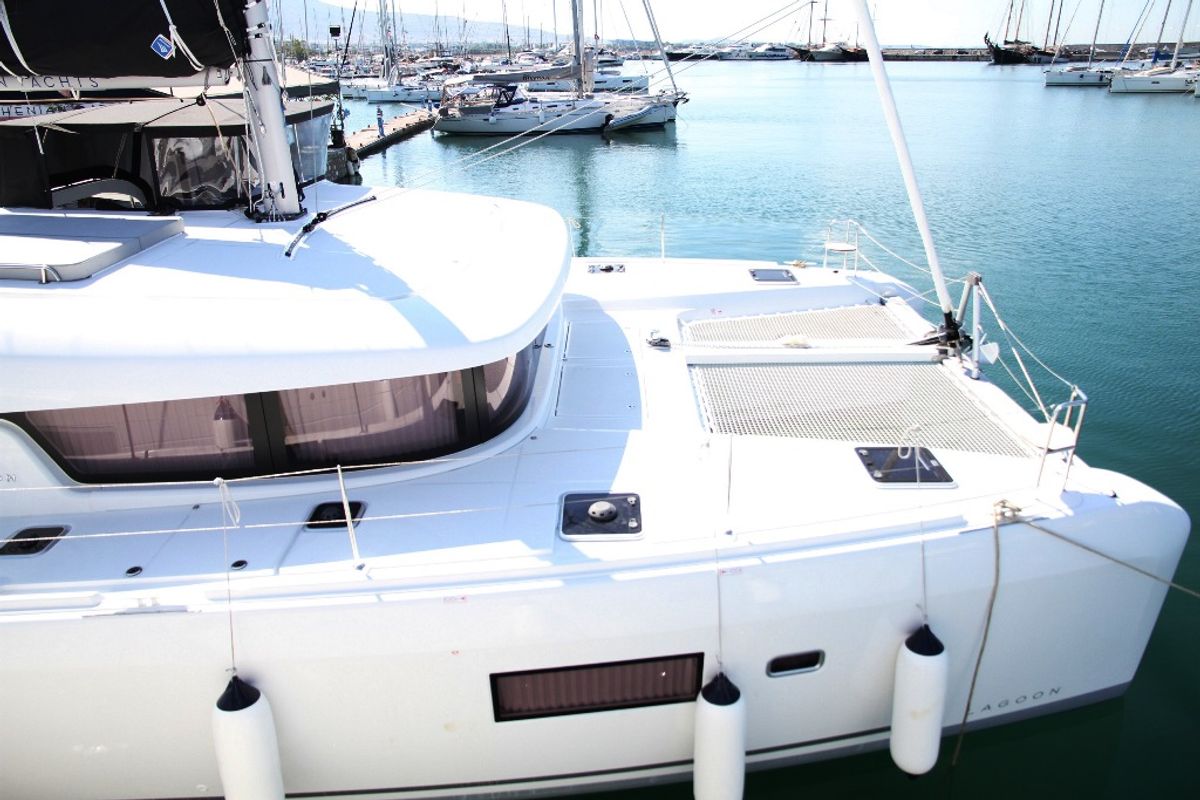 Exterior view of George A, a Lagoon 42 catamaran at Kos, Greece