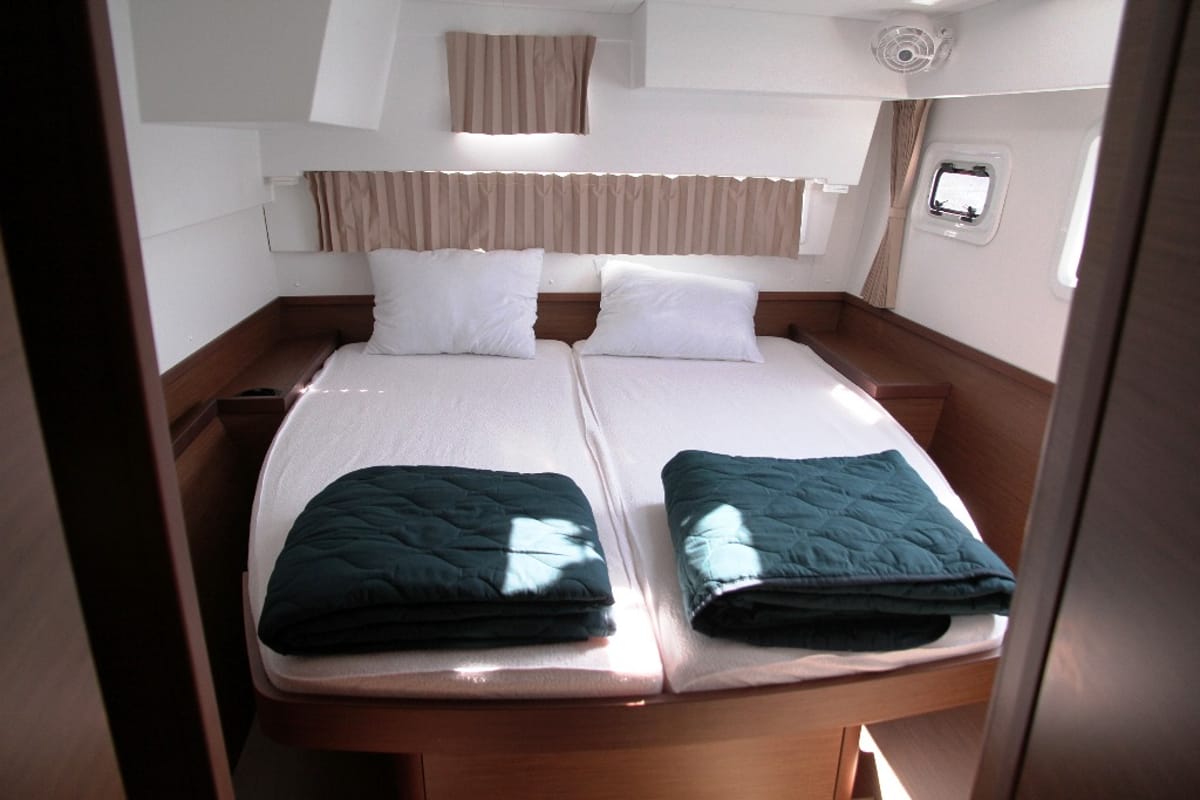 Cabin on George A, a Lagoon 42 catamaran at Kos, Greece