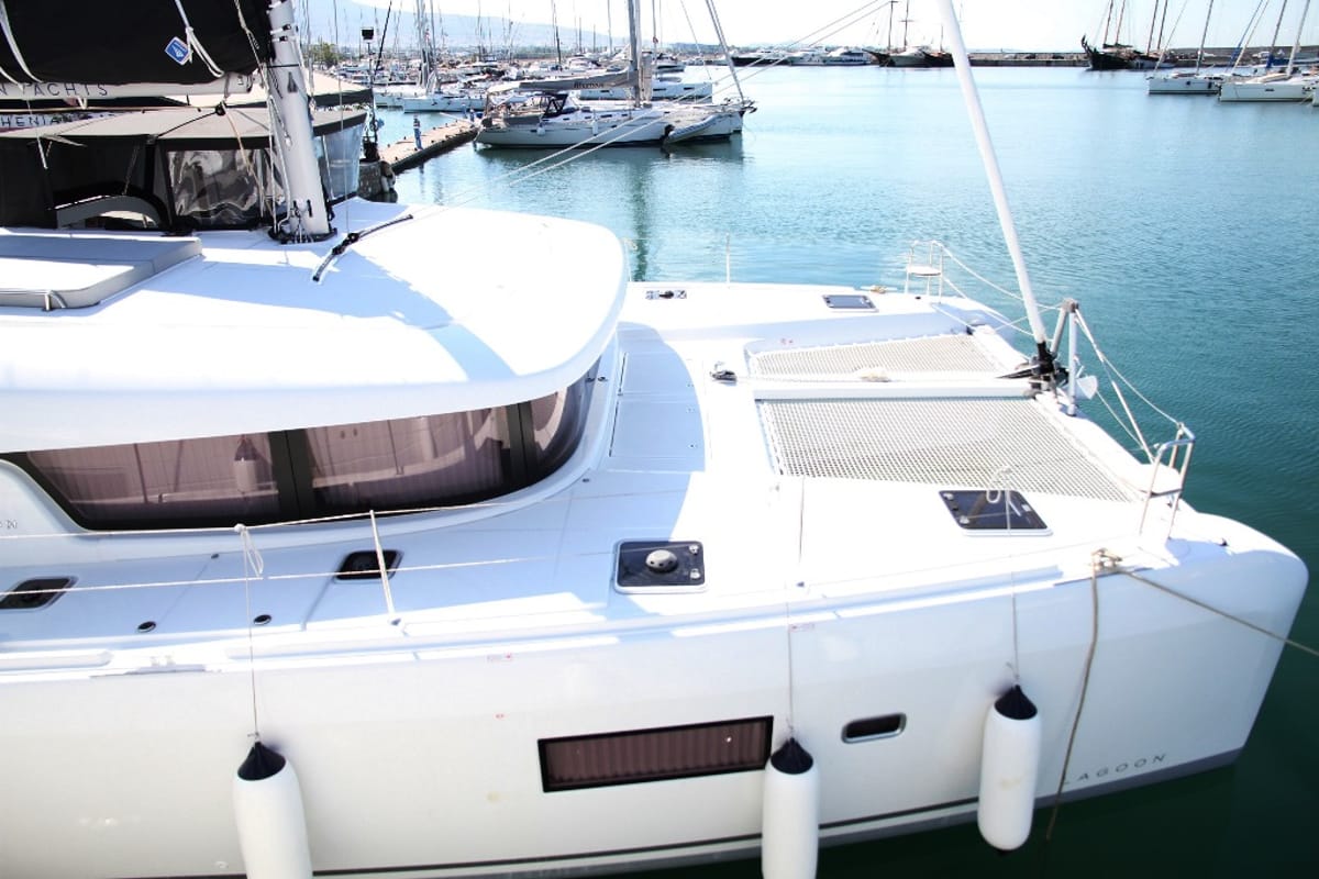 Deck of George A, a Lagoon 42 catamaran at Kos, Greece
