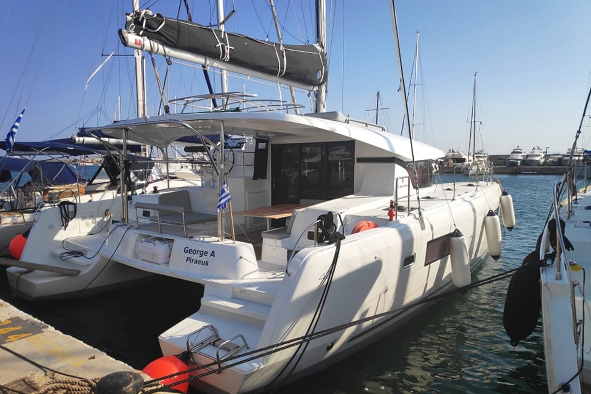 Exterior view of George A, a Lagoon 42 catamaran at Kos, Greece
