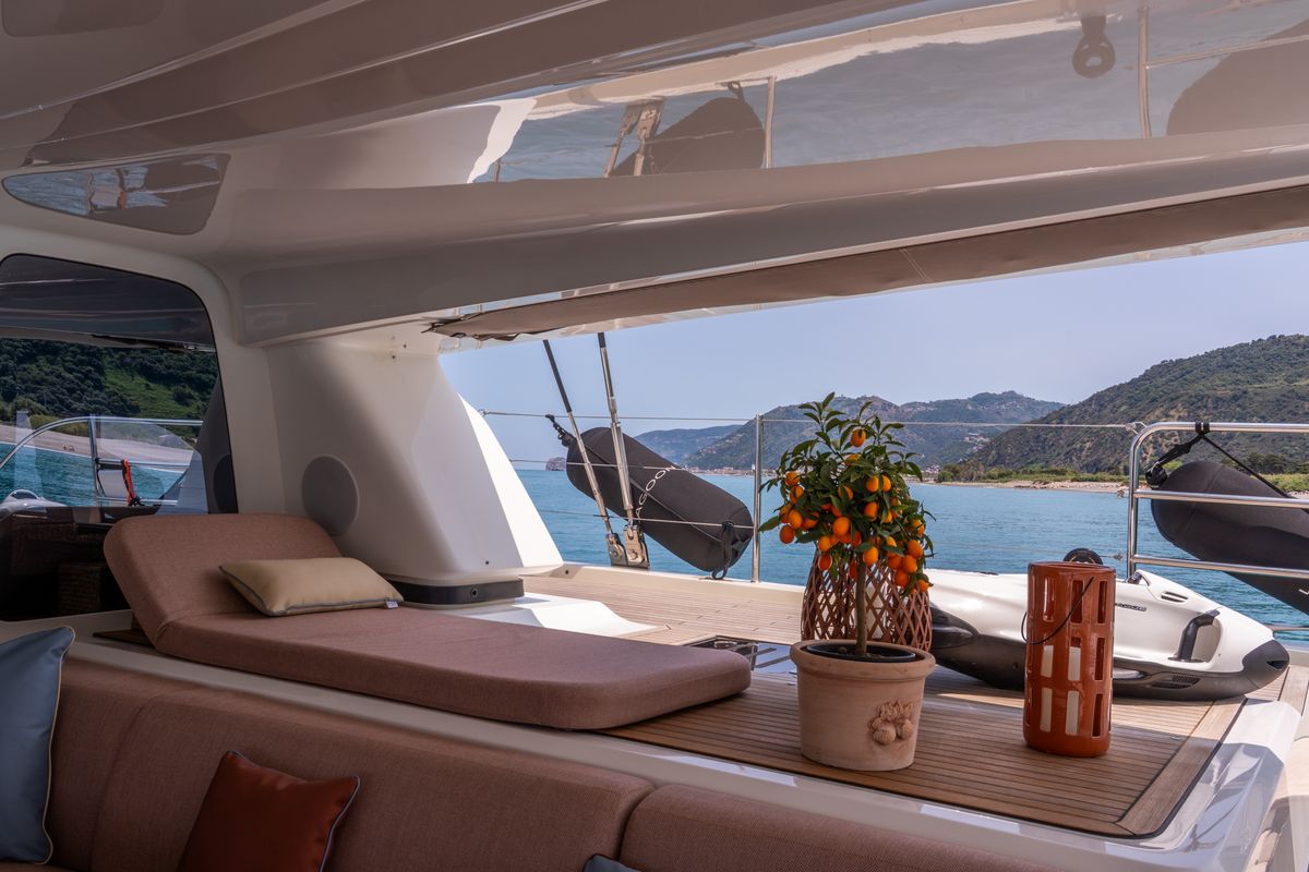 Deck of Sailuxe - Gloria, a Lagoon Sixty 5 catamaran at Capo d'Orlando, Italy