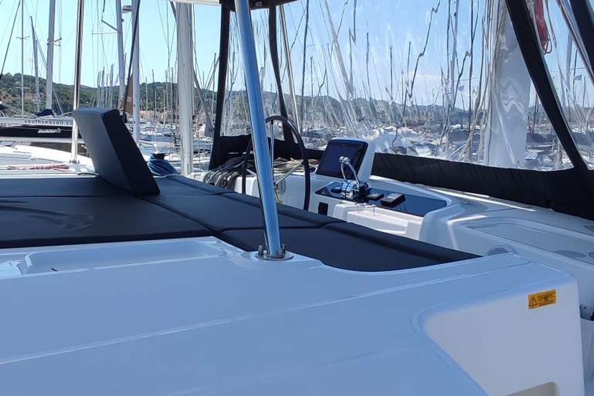 Cockpit of Rocky, a Lagoon 46 catamaran at Lavreotiki Municipal Unit, Greece
