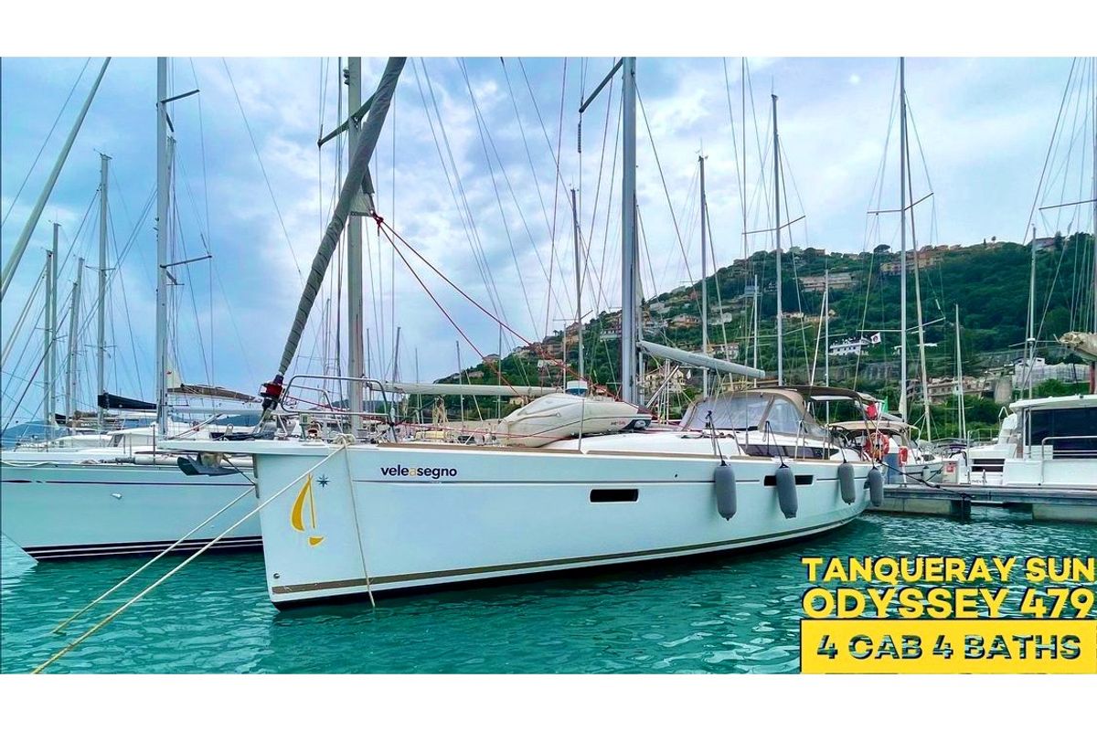 Exterior view of Tanqueray, a Jeanneau Sun Odyssey 479 sailboat at Capo d'Orlando, Italy