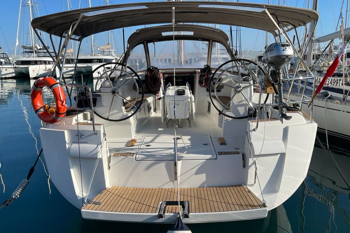 Cockpit of Tanqueray, a Jeanneau Sun Odyssey 479 sailboat at Capo d'Orlando, Italy