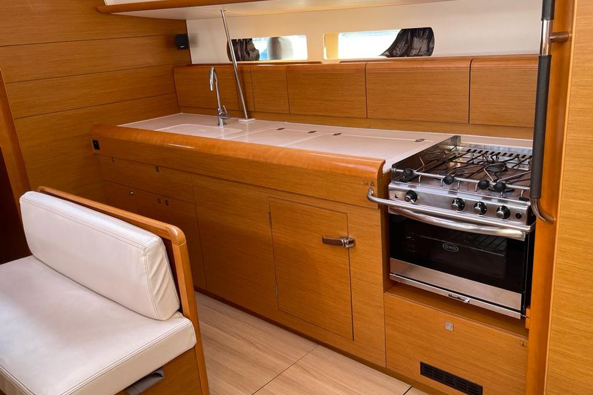 Galley of Tanqueray, a Jeanneau Sun Odyssey 479 sailboat at Capo d'Orlando, Italy