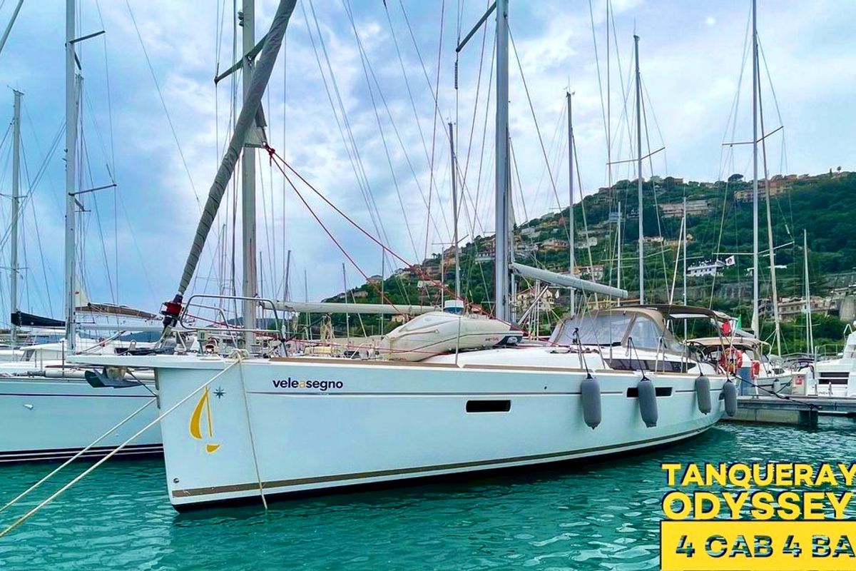 Exterior view of Tanqueray, a Jeanneau Sun Odyssey 479 sailboat at Capo d'Orlando, Italy