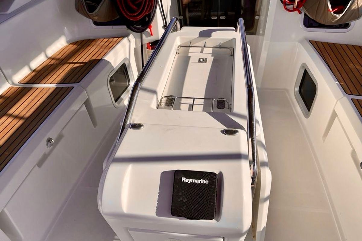 Deck of Tanqueray, a Jeanneau Sun Odyssey 479 sailboat at Capo d'Orlando, Italy