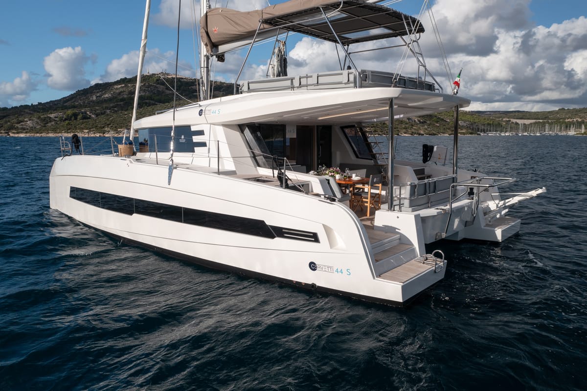 Exterior view of Bela, a Cervetti 44 catamaran at Primošten, Croatia