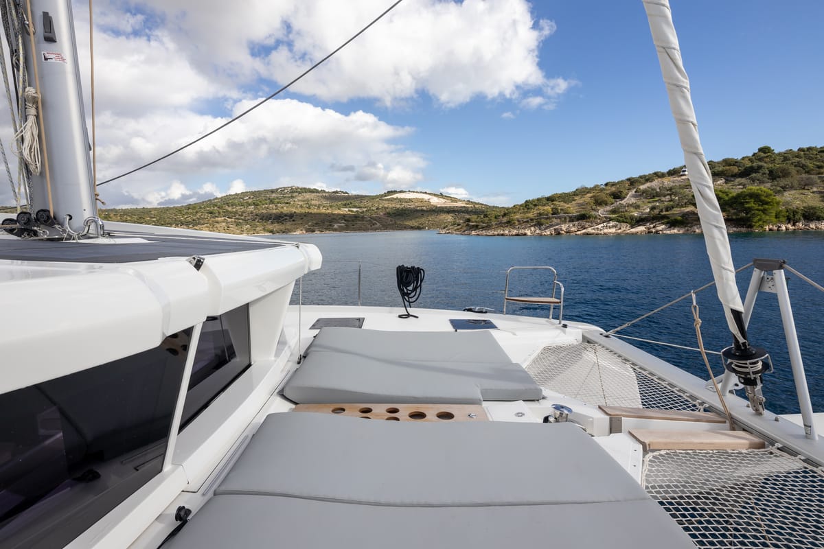 Deck of Bela, a Cervetti 44 catamaran at Primošten, Croatia