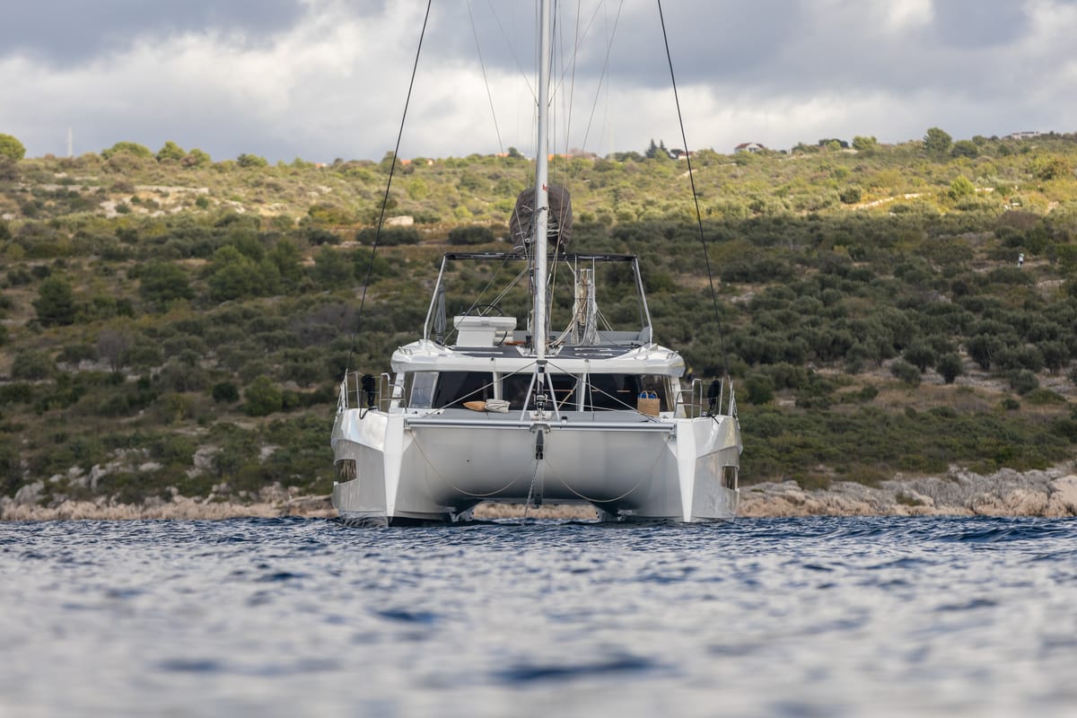 Exterior view of Bela, a Cervetti 44 catamaran at Primošten, Croatia