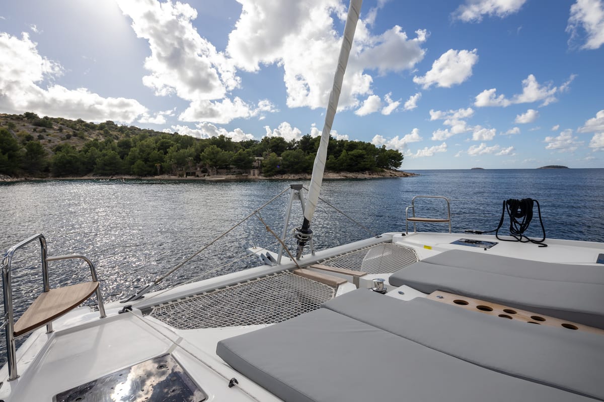 Deck of Bela, a Cervetti 44 catamaran at Primošten, Croatia