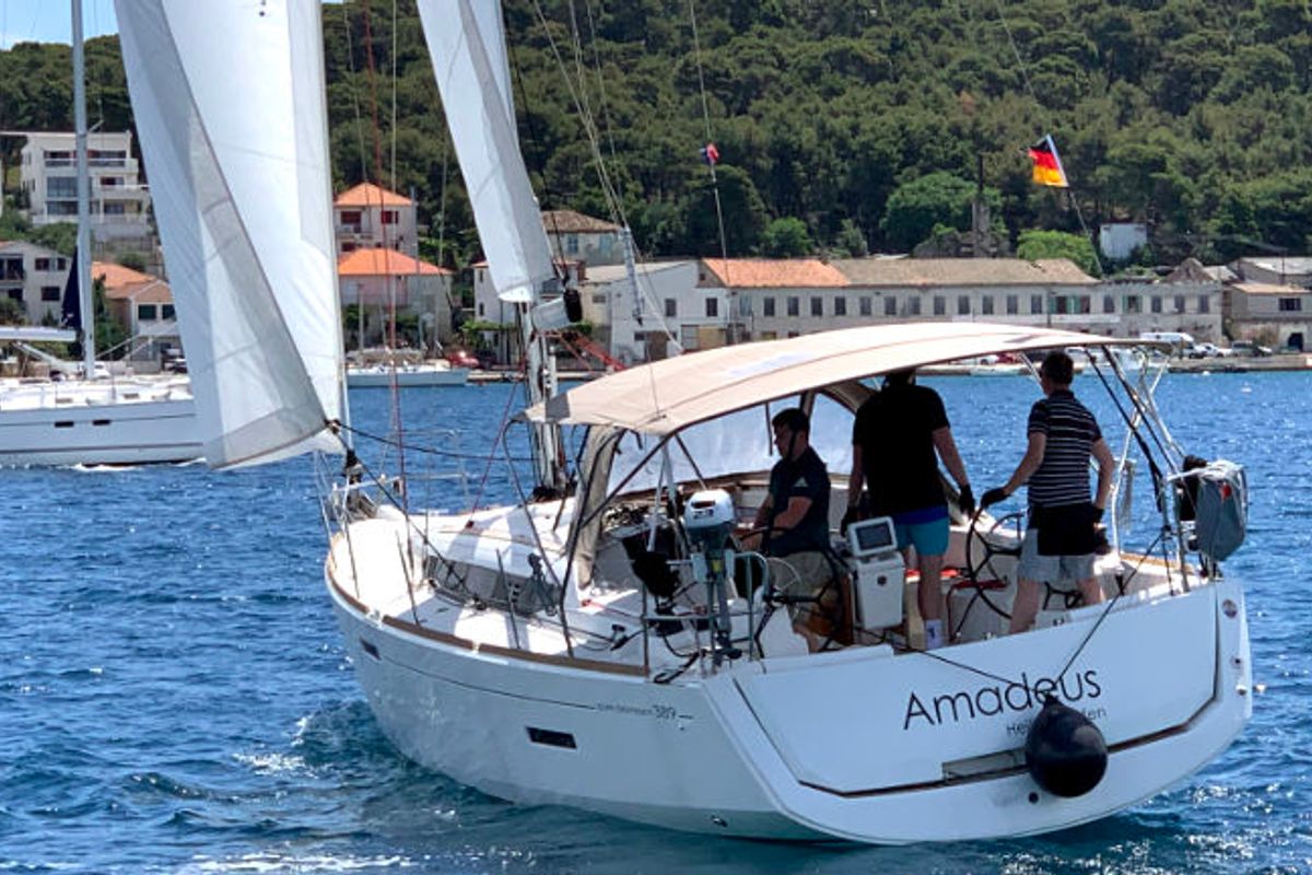 Exterior view of Amadeus, a Jeanneau Sun Odyssey 389 sailboat at Općina Rogoznica, Croatia