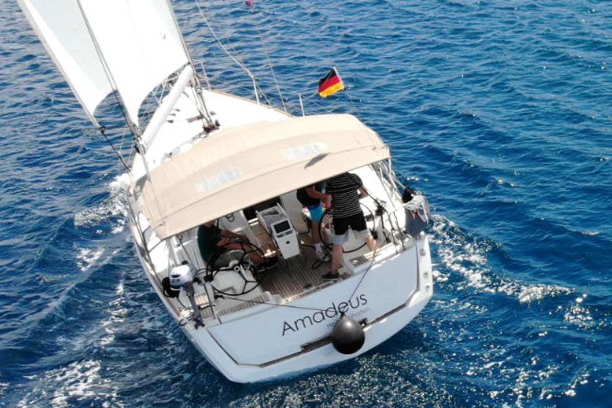 Exterior view of Amadeus, a Jeanneau Sun Odyssey 389 sailboat at Općina Rogoznica, Croatia