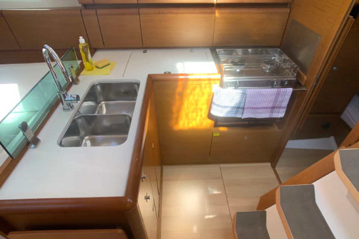 Galley of Amadeus, a Jeanneau Sun Odyssey 389 sailboat at Općina Rogoznica, Croatia