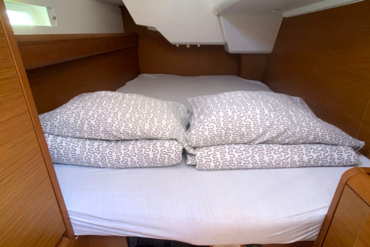 Cabin on Amadeus, a Jeanneau Sun Odyssey 389 sailboat at Općina Rogoznica, Croatia