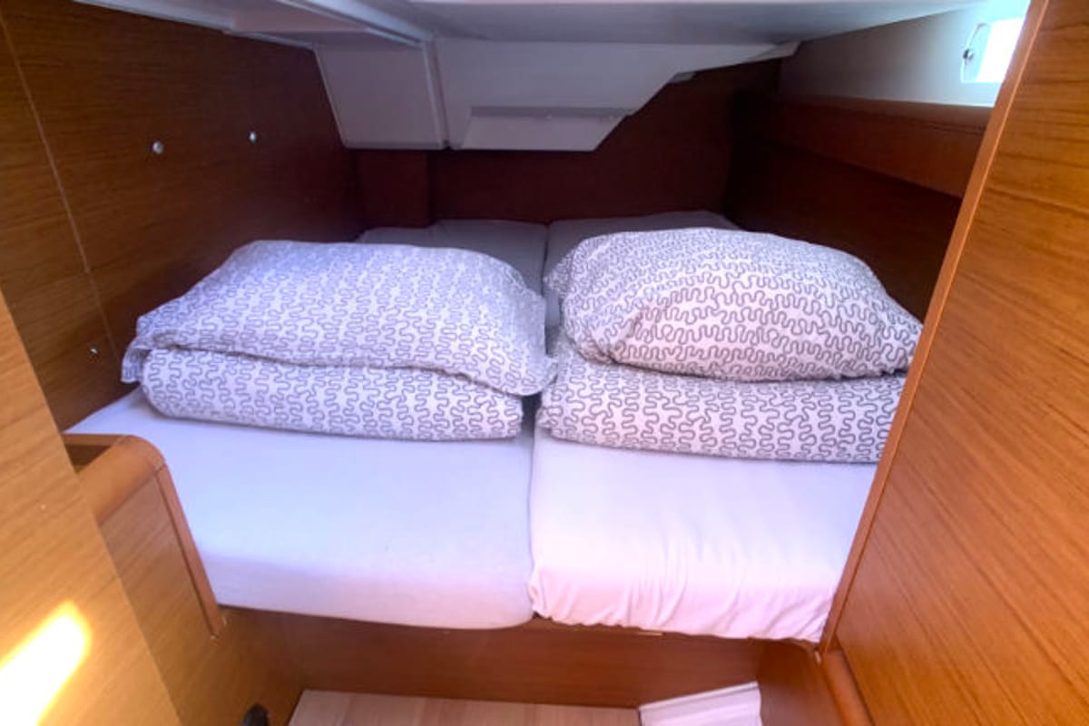 Cabin on Amadeus, a Jeanneau Sun Odyssey 389 sailboat at Općina Rogoznica, Croatia