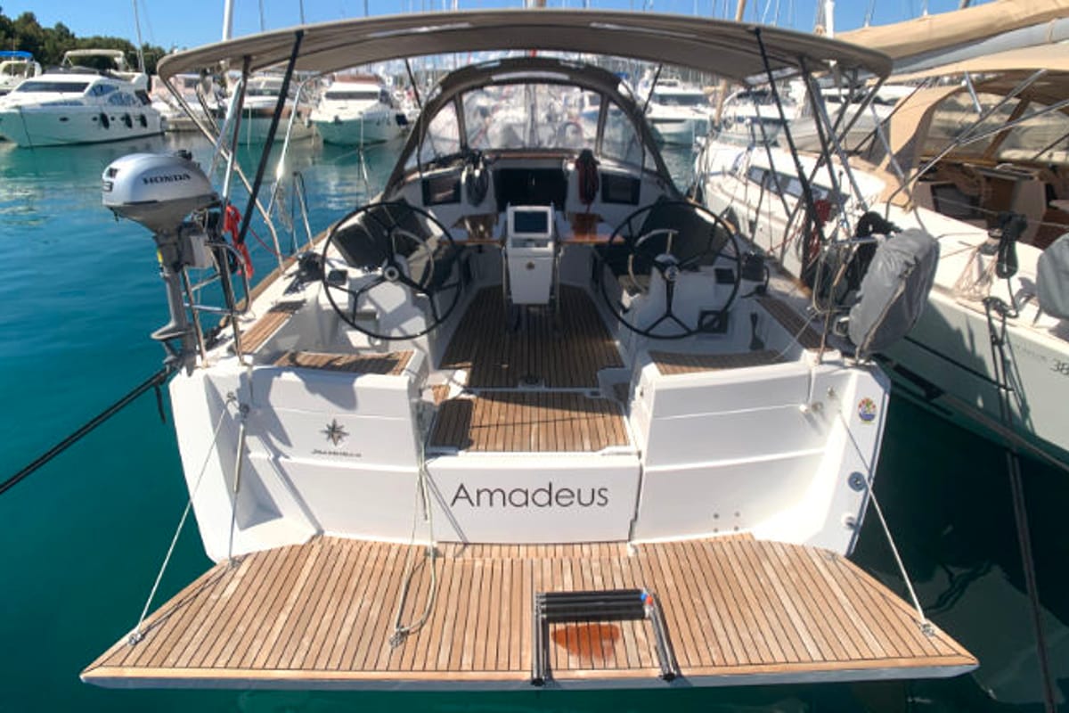 Cockpit of Amadeus, a Jeanneau Sun Odyssey 389 sailboat at Općina Rogoznica, Croatia