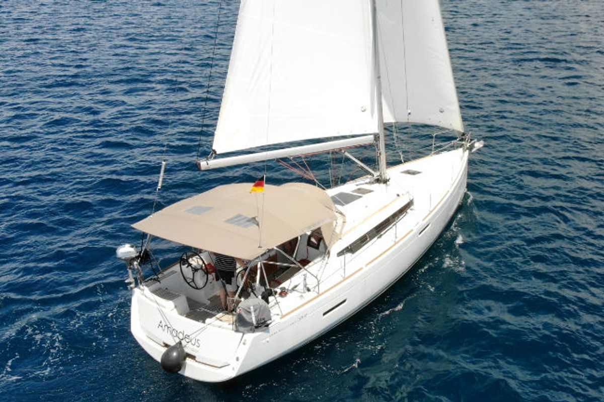 Exterior view of Amadeus, a Jeanneau Sun Odyssey 389 sailboat at Općina Rogoznica, Croatia