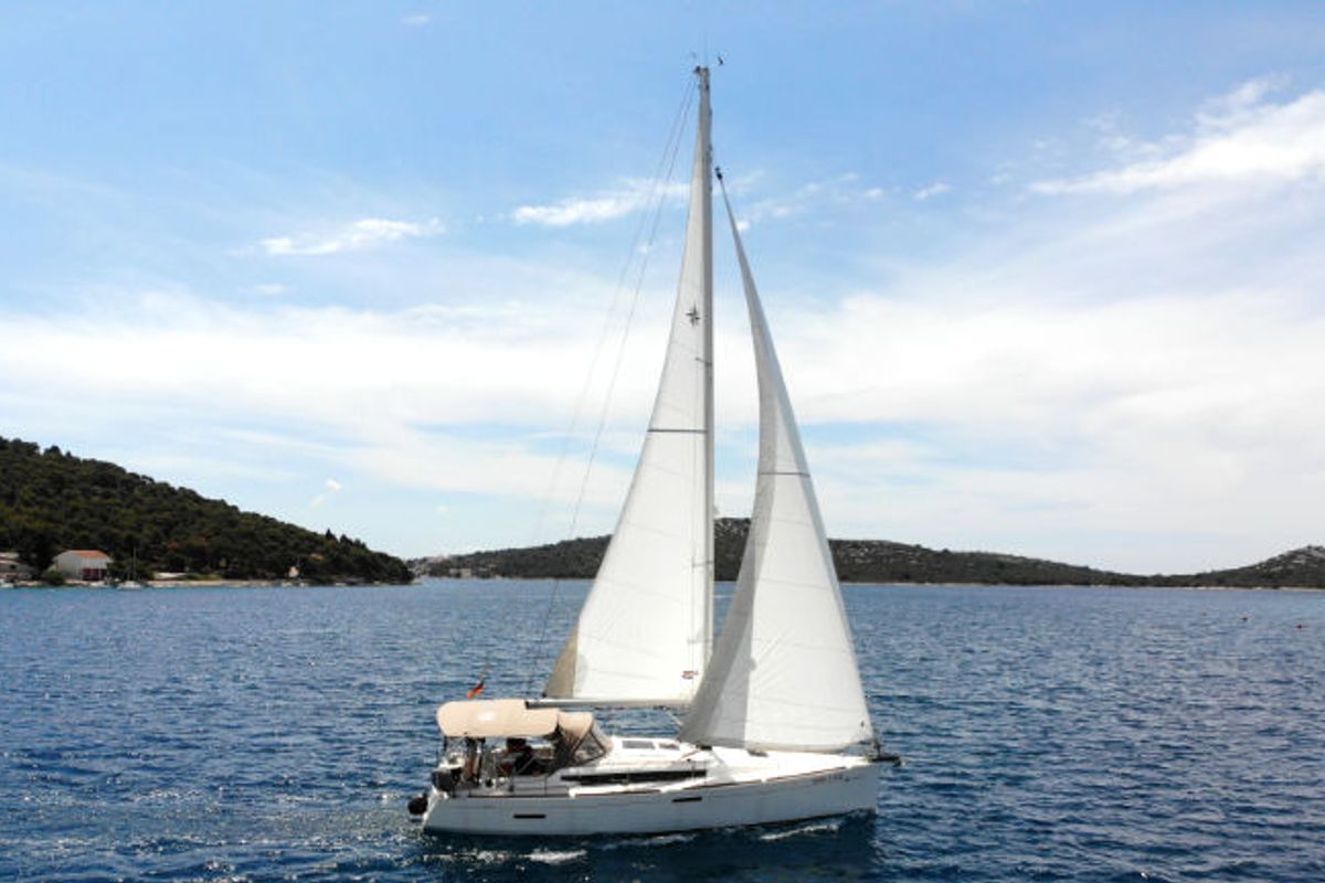 Exterior view of Amadeus, a Jeanneau Sun Odyssey 389 sailboat at Općina Rogoznica, Croatia