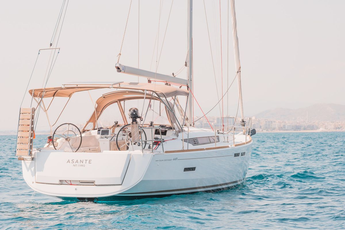 Exterior view of Asante, a Jeanneau Sun Odyssey 449 sailboat at Municipal Unit of Lefkada, Greece