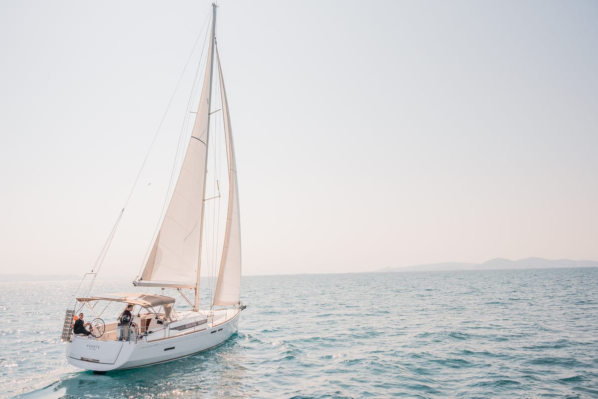 Exterior view of Asante, a Jeanneau Sun Odyssey 449 sailboat at Municipal Unit of Lefkada, Greece
