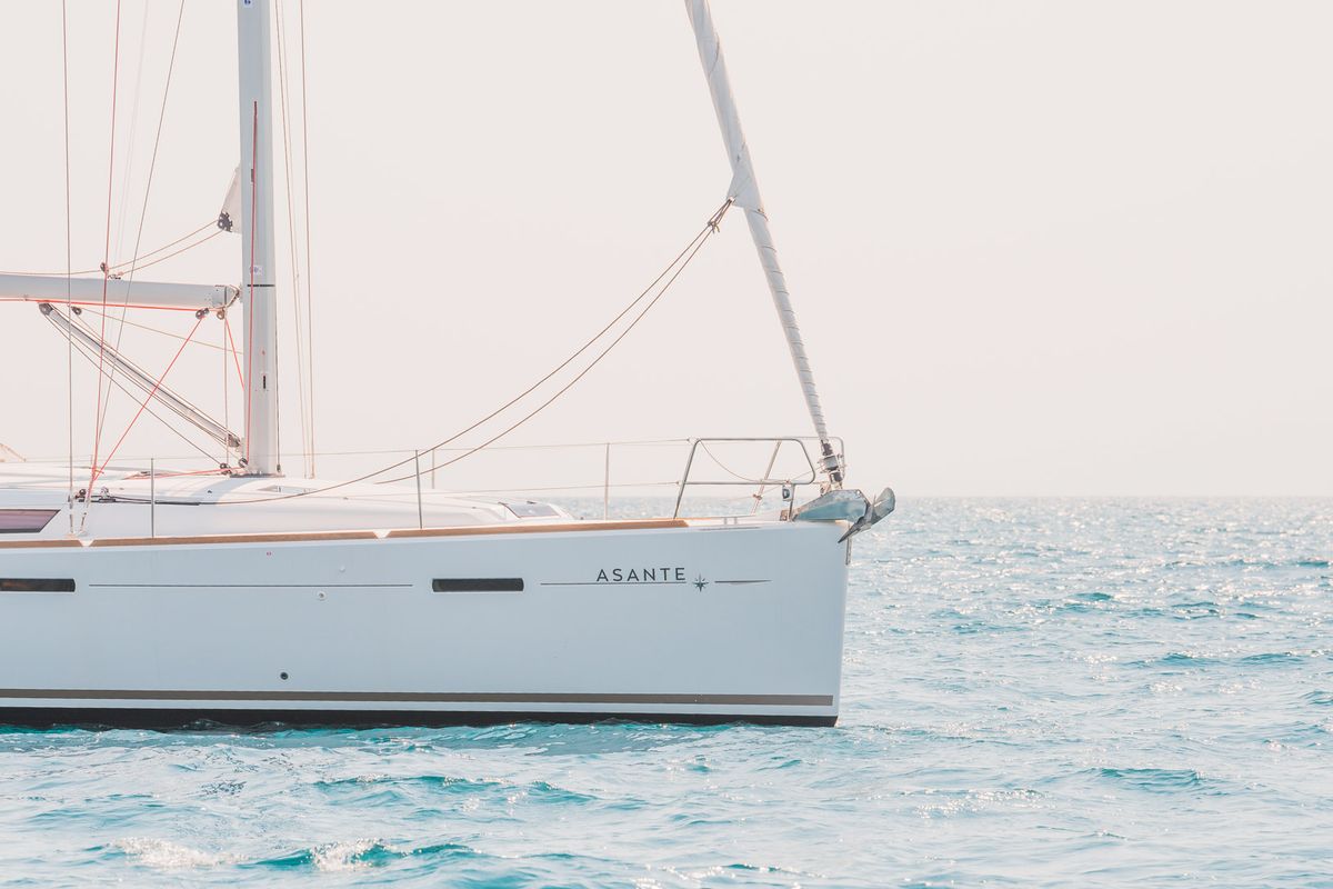 Exterior view of Asante, a Jeanneau Sun Odyssey 449 sailboat at Municipal Unit of Lefkada, Greece