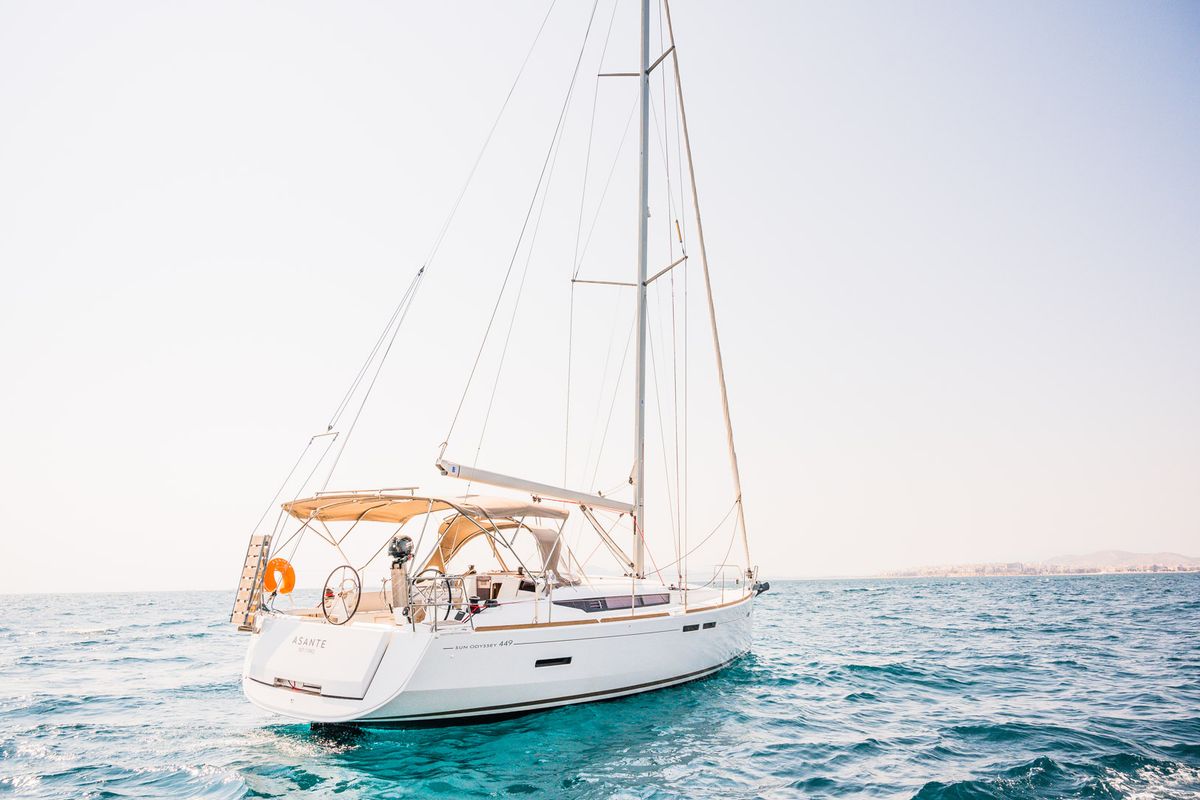Exterior view of Asante, a Jeanneau Sun Odyssey 449 sailboat at Municipal Unit of Lefkada, Greece