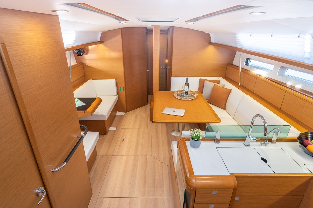 Salon of Asante, a Jeanneau Sun Odyssey 449 sailboat at Municipal Unit of Lefkada, Greece