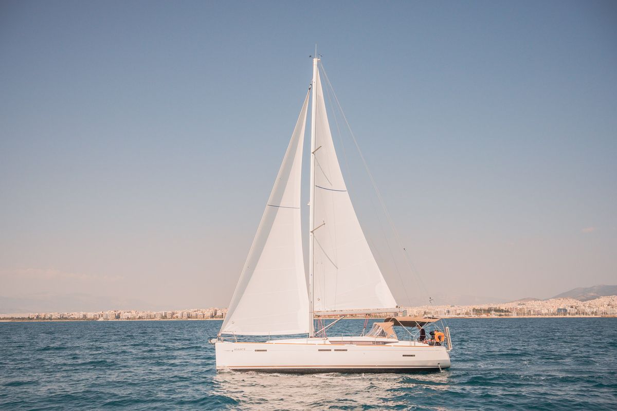 Exterior view of Asante, a Jeanneau Sun Odyssey 449 sailboat at Municipal Unit of Lefkada, Greece