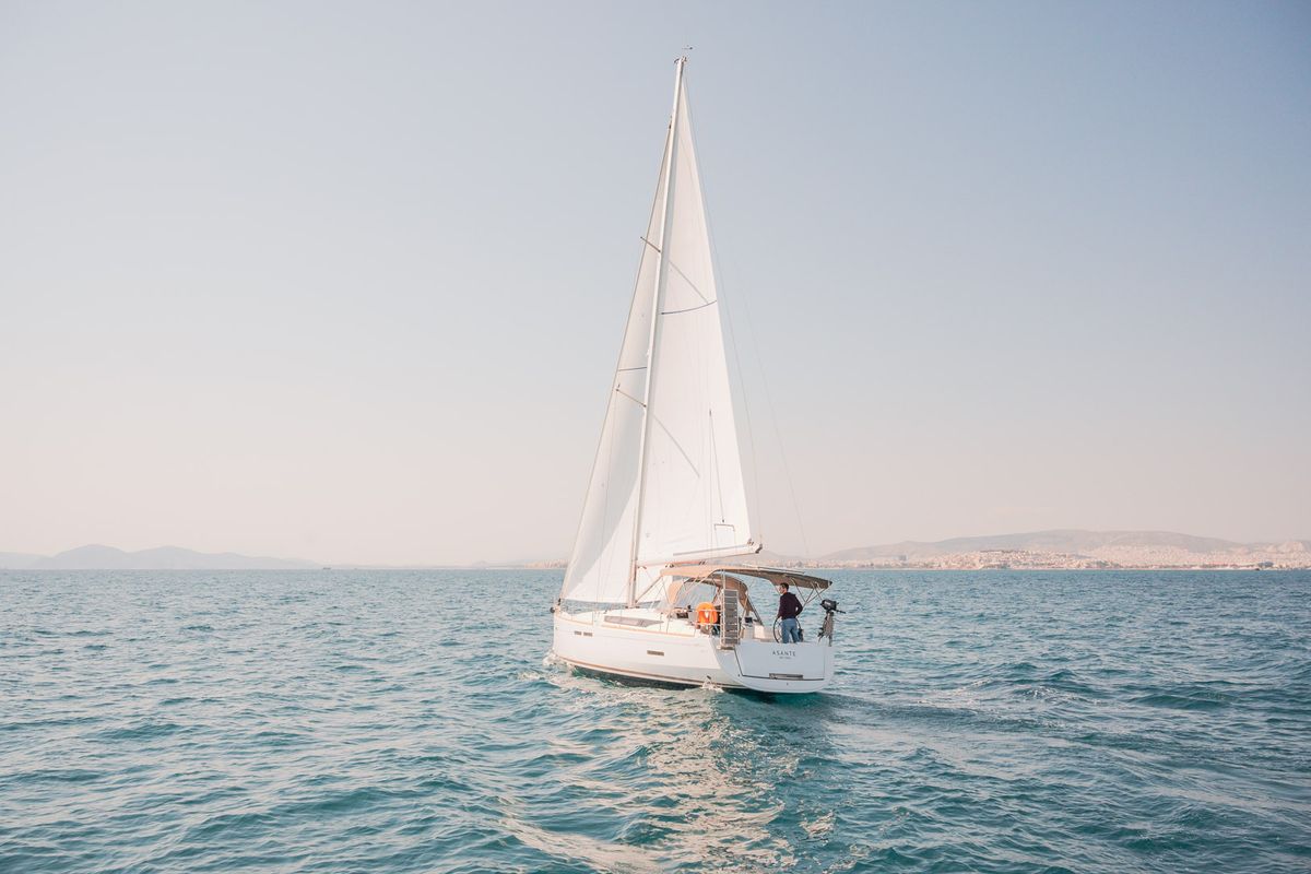 Exterior view of Asante, a Jeanneau Sun Odyssey 449 sailboat at Municipal Unit of Lefkada, Greece