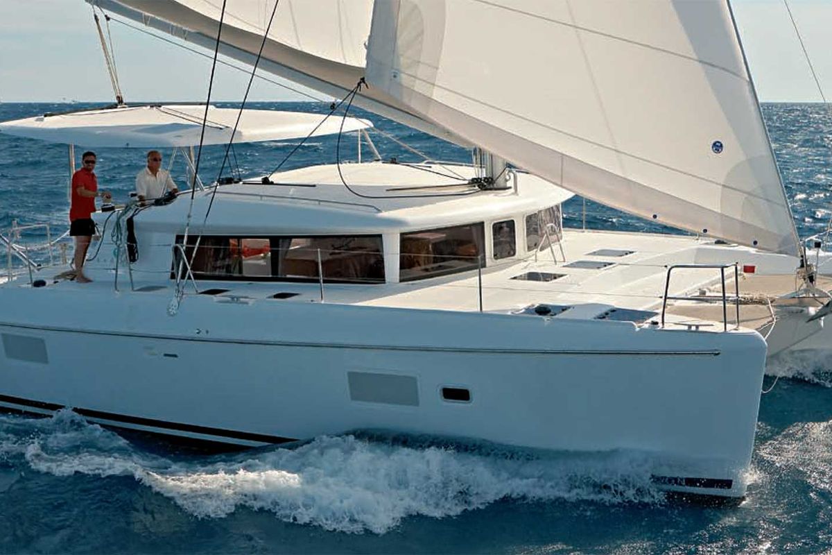 Deck of Dynamis, a Lagoon 420 catamaran at Sithonia Municipal Unit, Greece