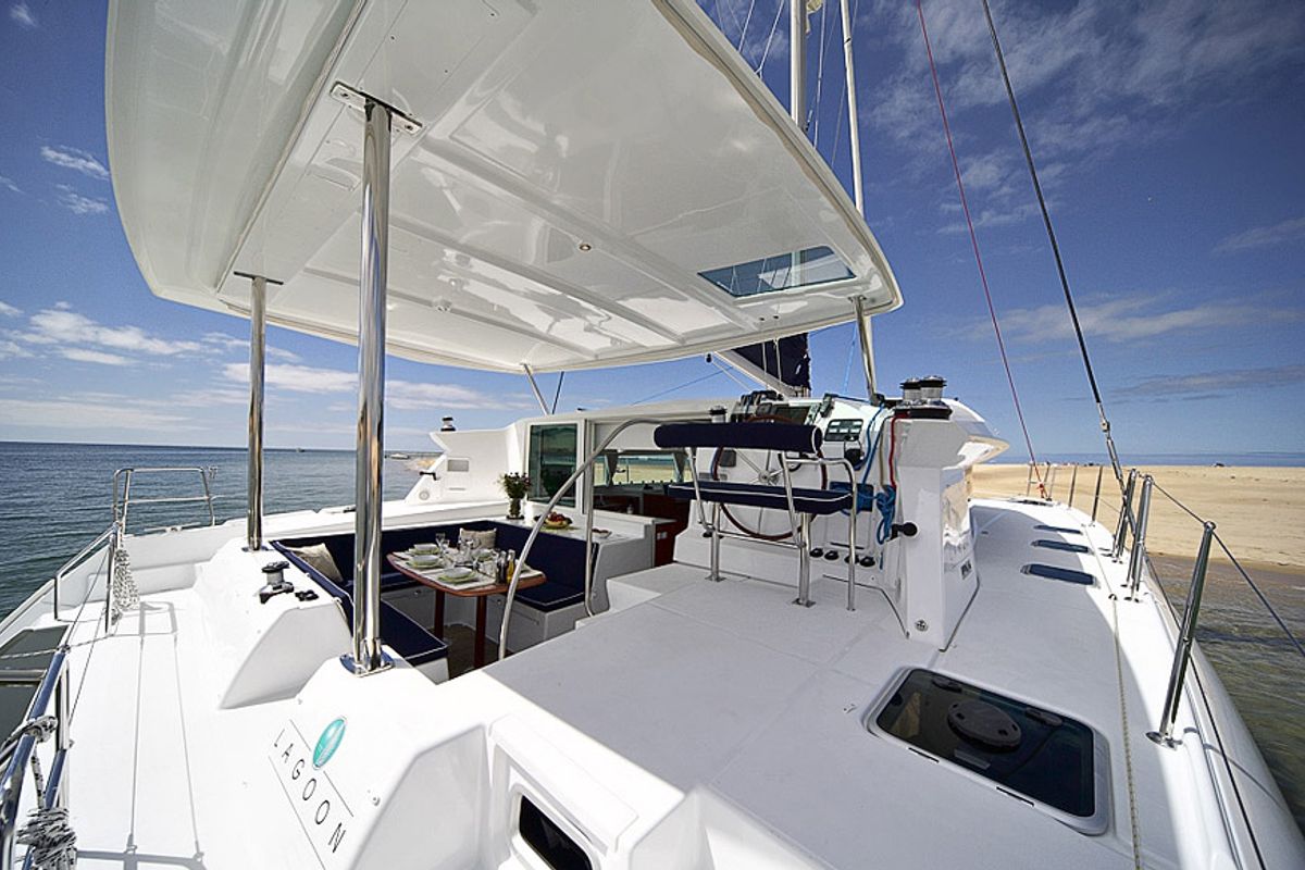 Exterior view of Dynamis, a Lagoon 420 catamaran at Sithonia Municipal Unit, Greece