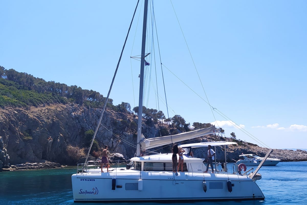 Exterior view of Dynamis, a Lagoon 420 catamaran at Sithonia Municipal Unit, Greece