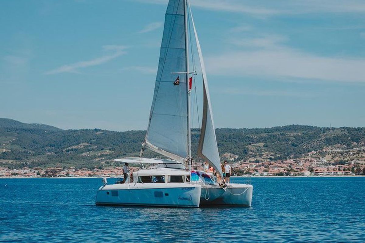 Exterior view of Dynamis, a Lagoon 420 catamaran at Sithonia Municipal Unit, Greece