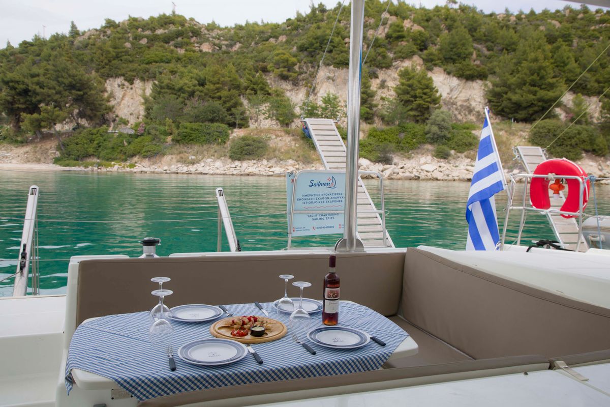 Dynamis, a Lagoon 420 catamaran at Sithonia Municipal Unit, Greece