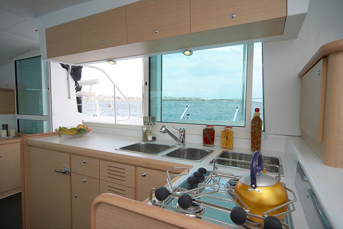 Salon of Dynamis, a Lagoon 420 catamaran at Sithonia Municipal Unit, Greece