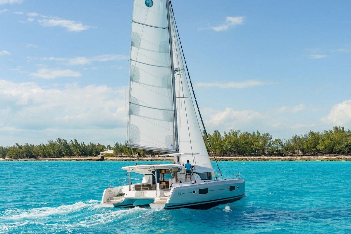 Exterior view of Dynamis, a Lagoon 420 catamaran at Sithonia Municipal Unit, Greece