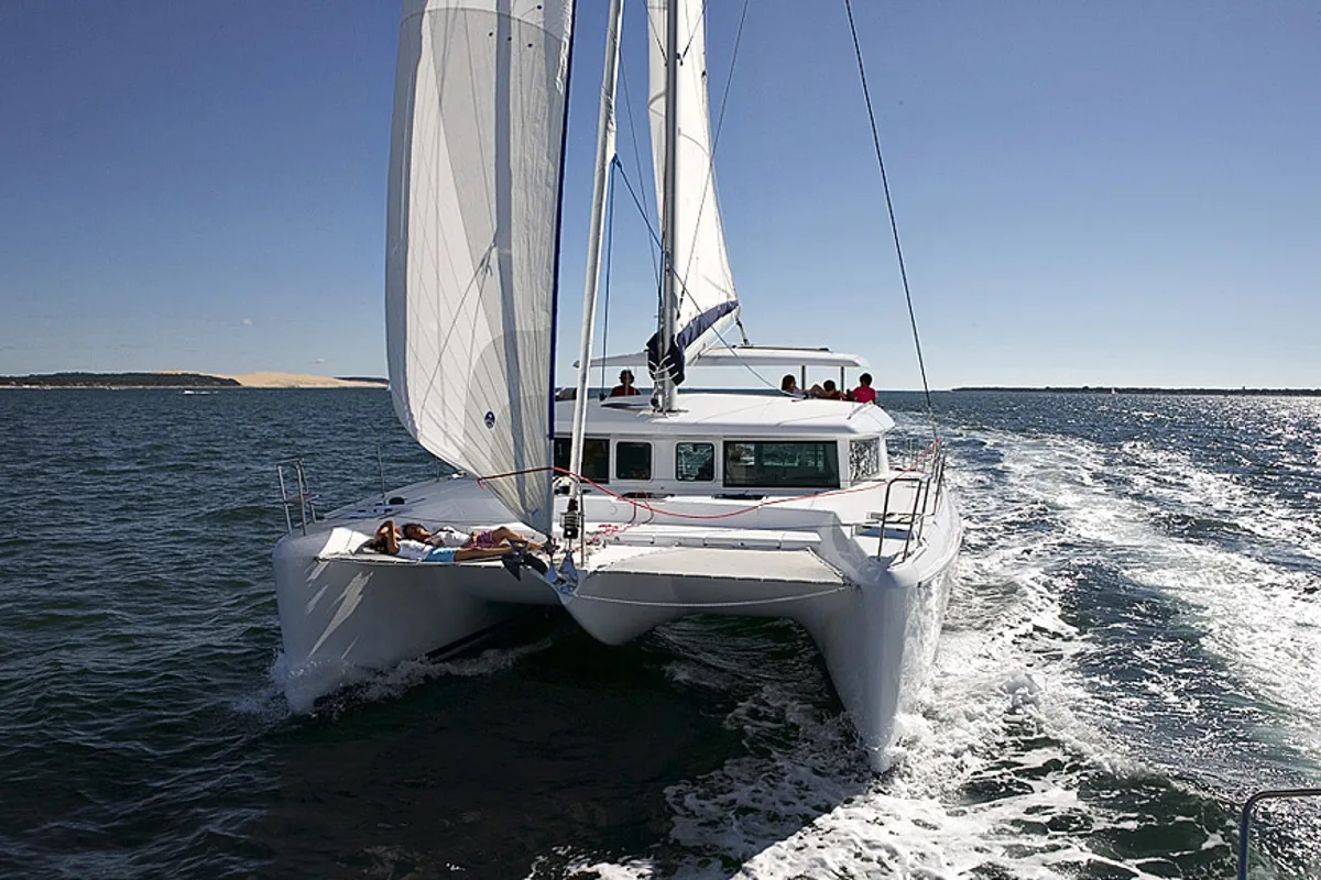 Exterior view of Dynamis, a Lagoon 420 catamaran at Sithonia Municipal Unit, Greece