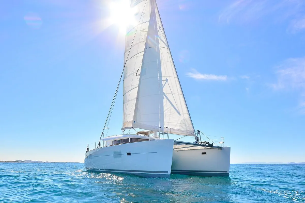 Exterior view of Dynamis, a Lagoon 420 catamaran at Sithonia Municipal Unit, Greece