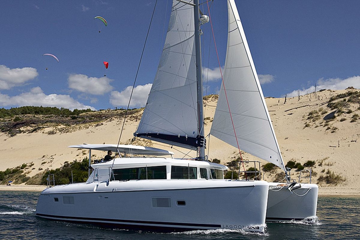 Exterior view of Dynamis, a Lagoon 420 catamaran at Sithonia Municipal Unit, Greece