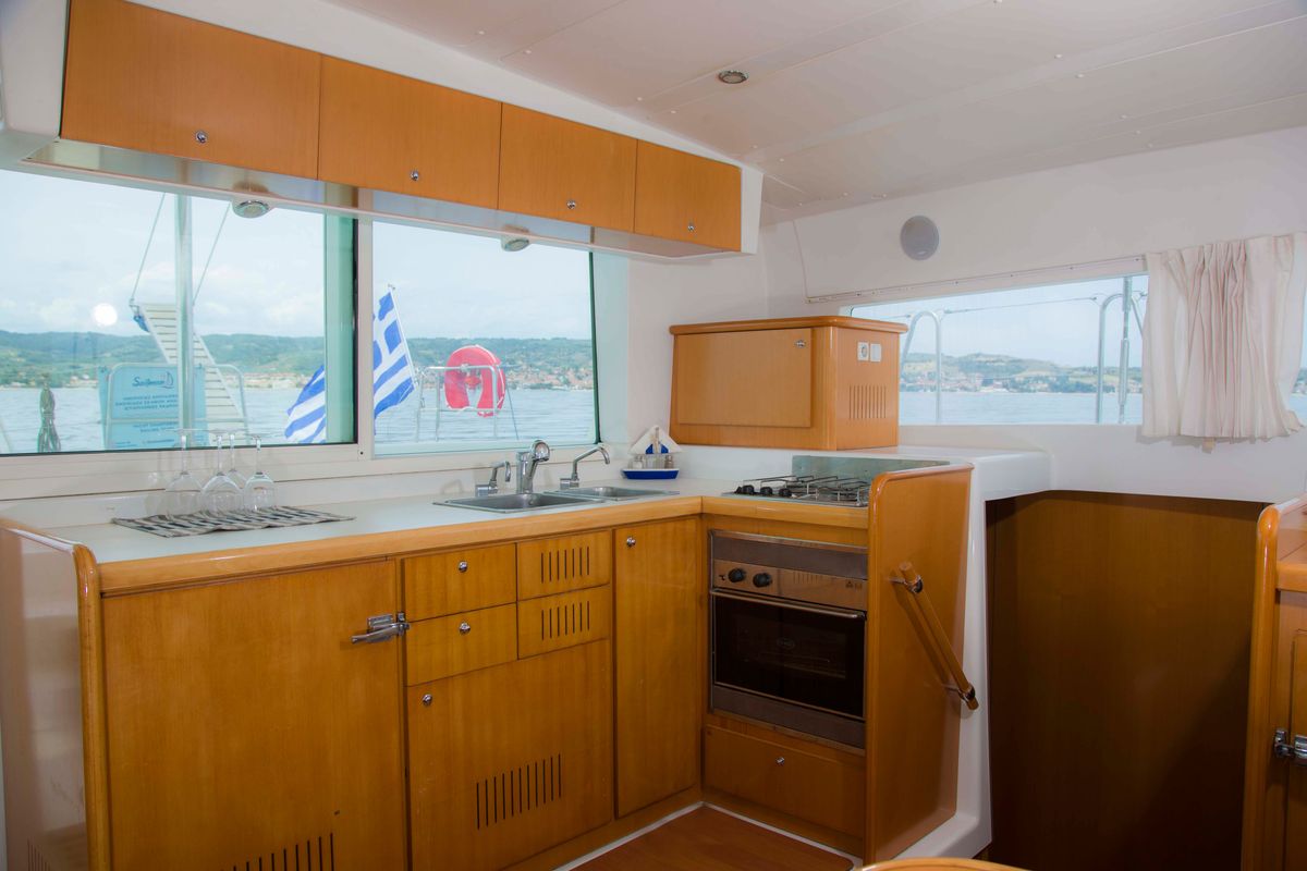 Cockpit of Dynamis, a Lagoon 420 catamaran at Sithonia Municipal Unit, Greece