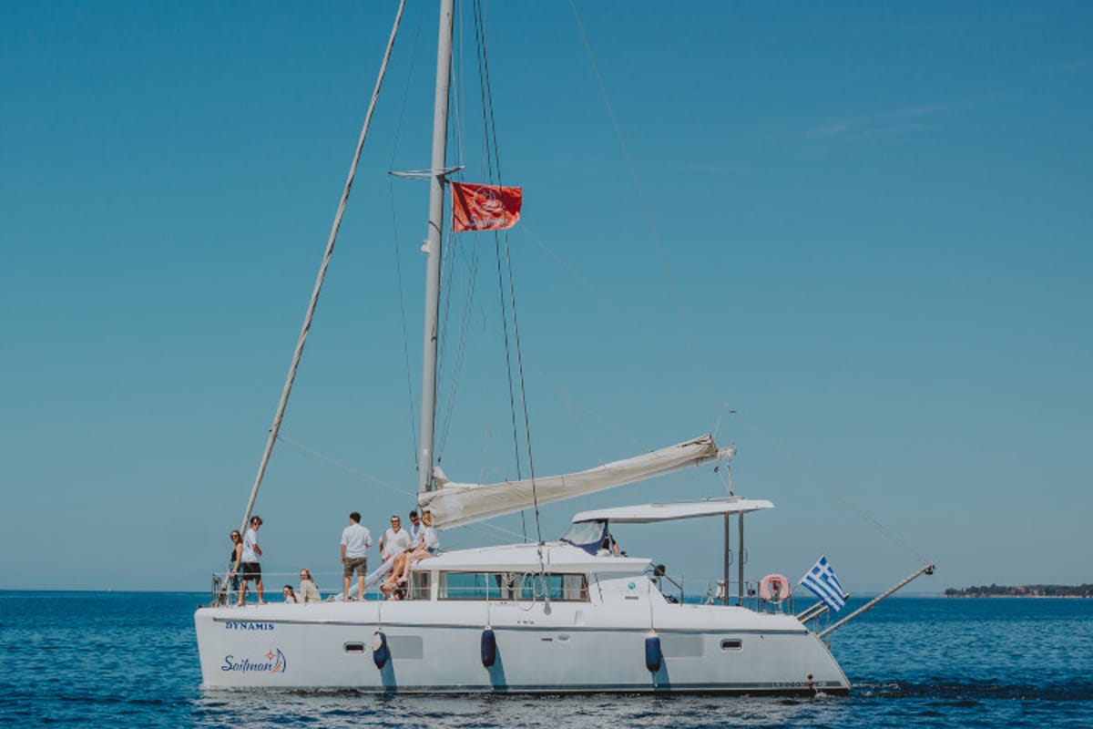 Dynamis, a Lagoon 420 catamaran at Sithonia Municipal Unit, Greece